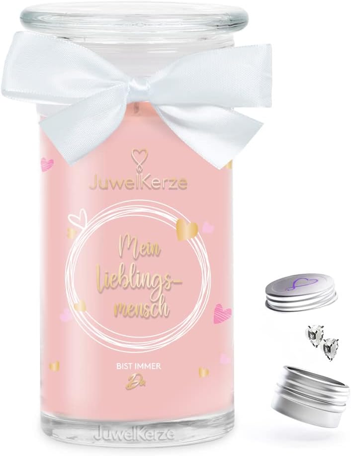 JuwelKerze - Mein Lieblingsmensch - Ohrringe Silber - Schmuckkerze 80 Std - große Duftkerze mit Pfirsich Duft - rosa Kerze mit Schmuck Überraschung